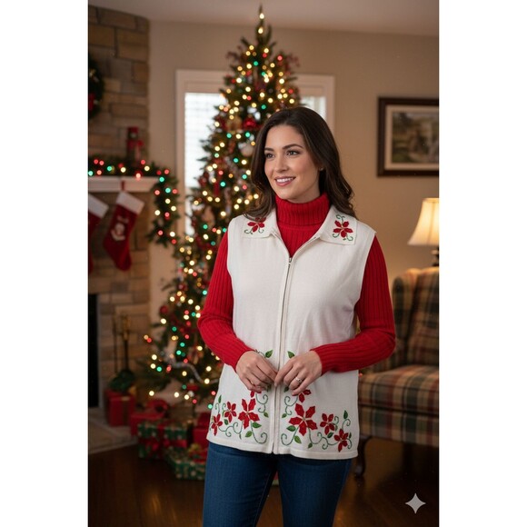 Mercer Studio Street Women's Ugly Christmas Sweater Vest Beaded Red Poinsettia L - Picture 2 of 5